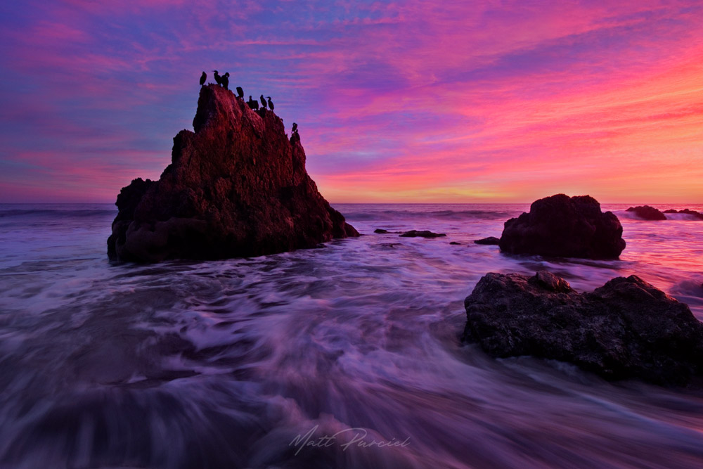 El Matador Beach � Sea stack with cormorants at epic sunset
