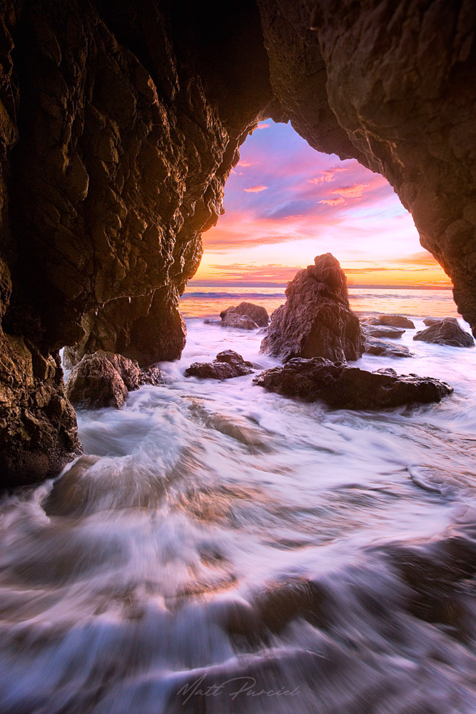El Matador Sea Cave � Waves crashing inside the cave at sunset