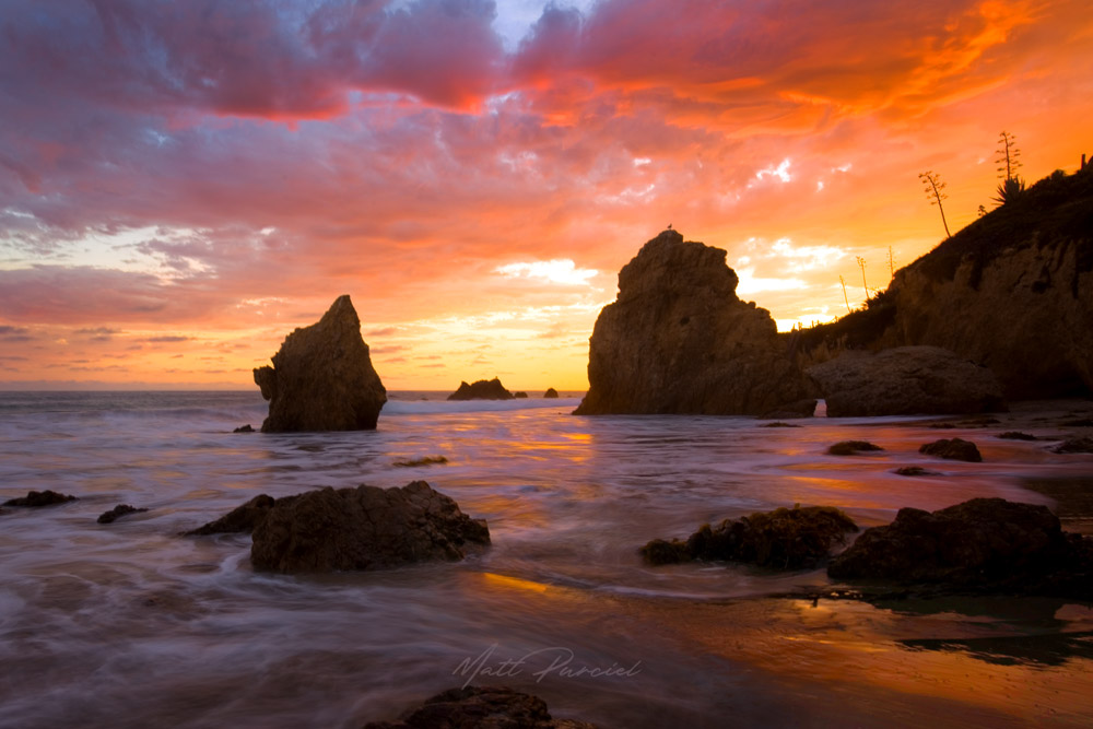 Sunset at El Matador Beach � Fiery sky over sea stacks